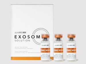 An AnteAGE MDX Exosome Solution box with the three vials it contains in front of the box.