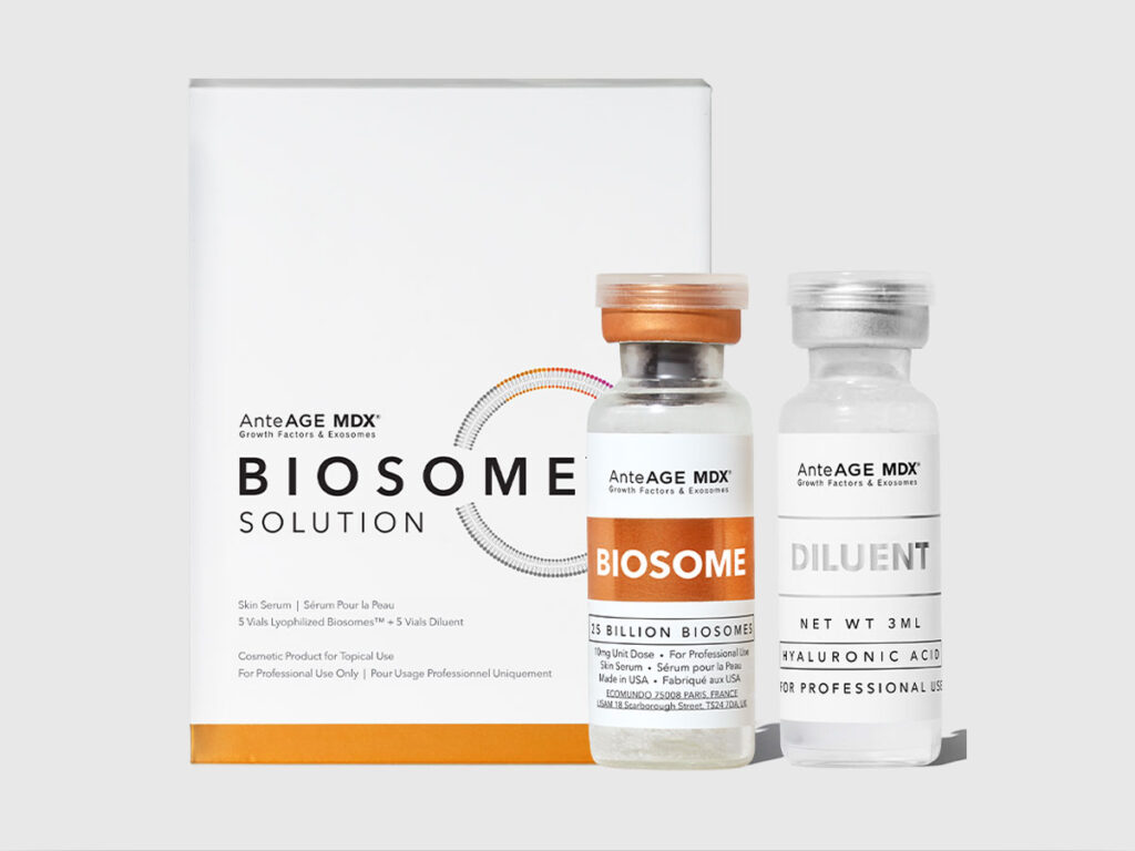 An image of AnteAGE MDX Biosome Solution vials in front of an AnteAGE MDX Biosome Solution box