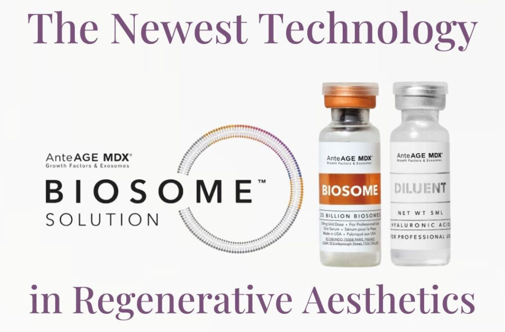 An image of the new AnteAGE Biosomes logo and vials at Rejuvience Med Spa Scottsdale